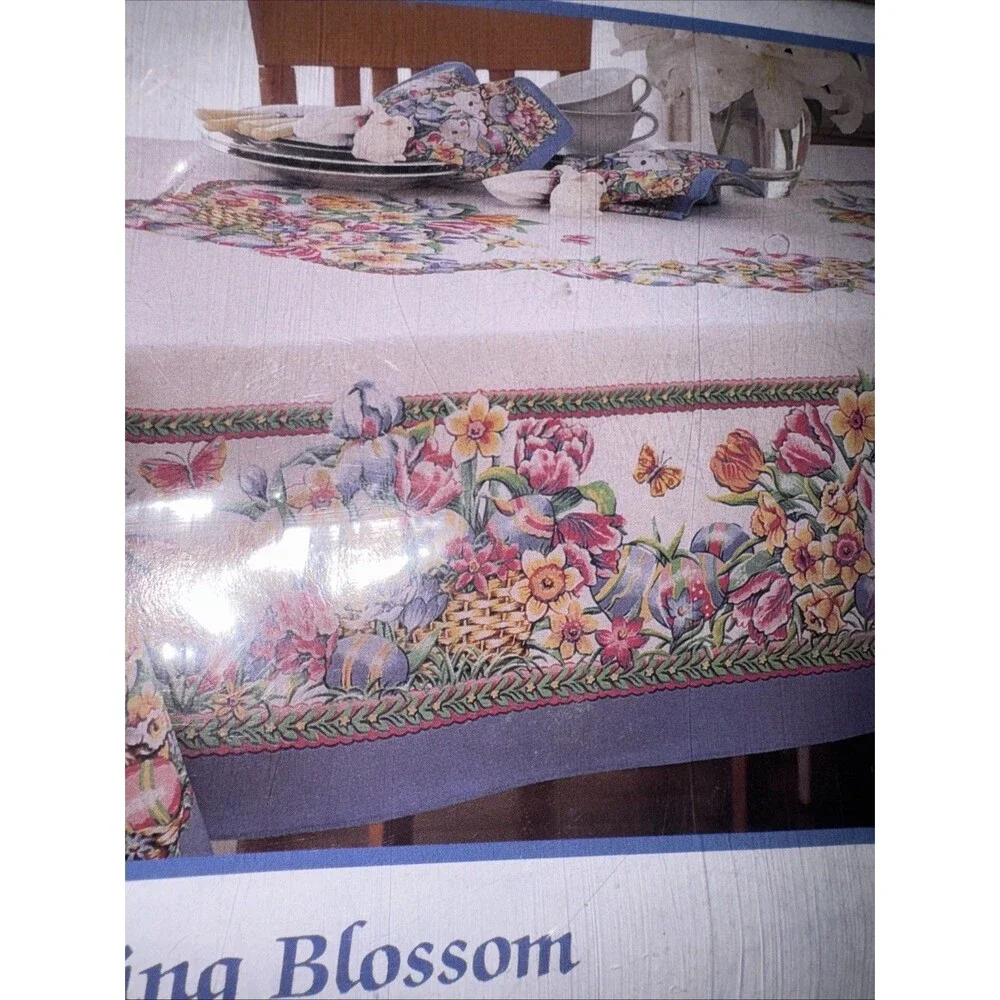 Vtg Easter Tablecloth 52x70” Eggs Basket Flower Garden Bunnies Tulips Bardwil